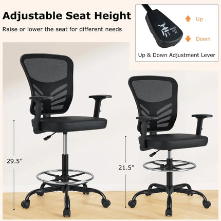 Mesh Drafting Chair Office Chair with Adjustable Armrests and Foot-Ring-Black - Black - Mesh Chairs