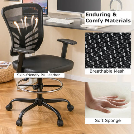 Mesh Drafting Chair Office Chair with Adjustable Armrests and Foot-Ring-Black - Black - Mesh Chairs