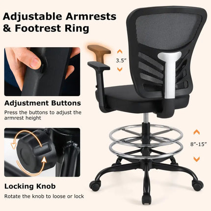 Mesh Drafting Chair Office Chair with Adjustable Armrests and Foot-Ring-Black - Black - Mesh Chairs