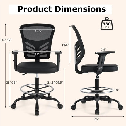 Mesh Drafting Chair Office Chair with Adjustable Armrests and Foot-Ring-Black - Black - Mesh Chairs