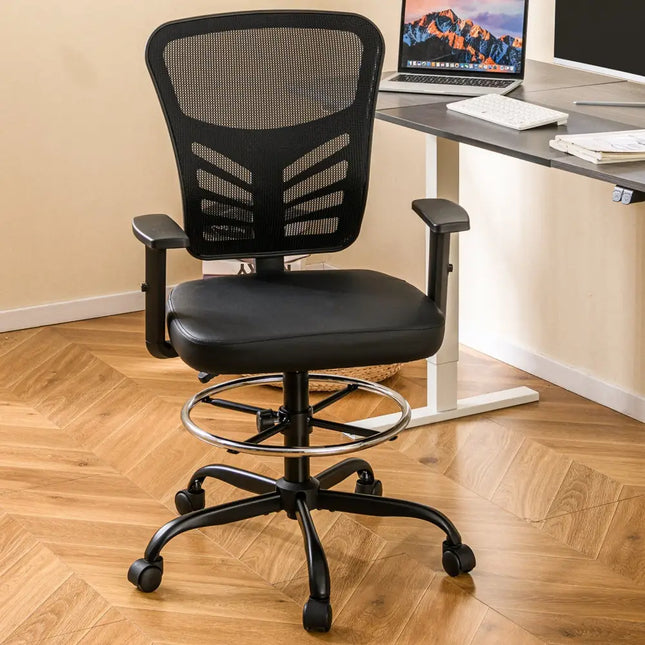 Mesh Drafting Chair Office Chair with Adjustable Armrests and Foot-Ring-Black - Black - Mesh Chairs