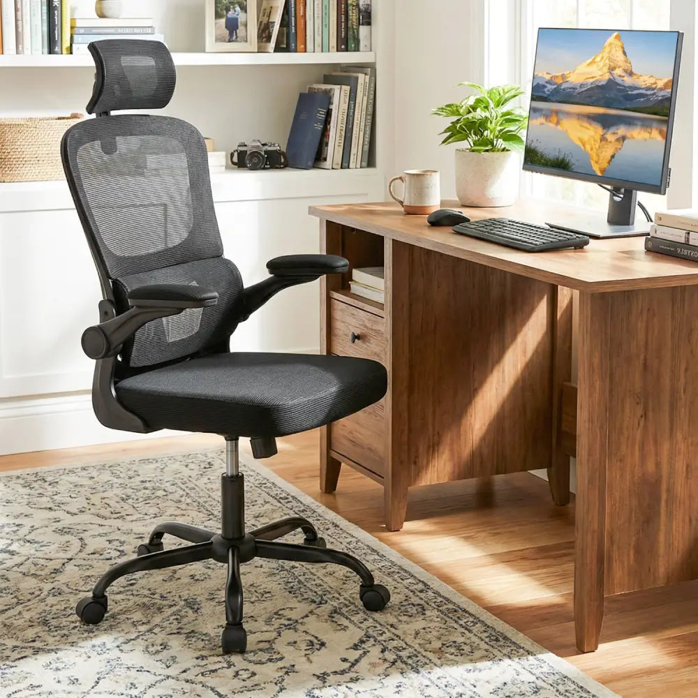 Mesh Office Chair with Adaptive Lumbar Support Flip-up Armrests Reclining Backrest-Black - Black - Ergonomic Chairs