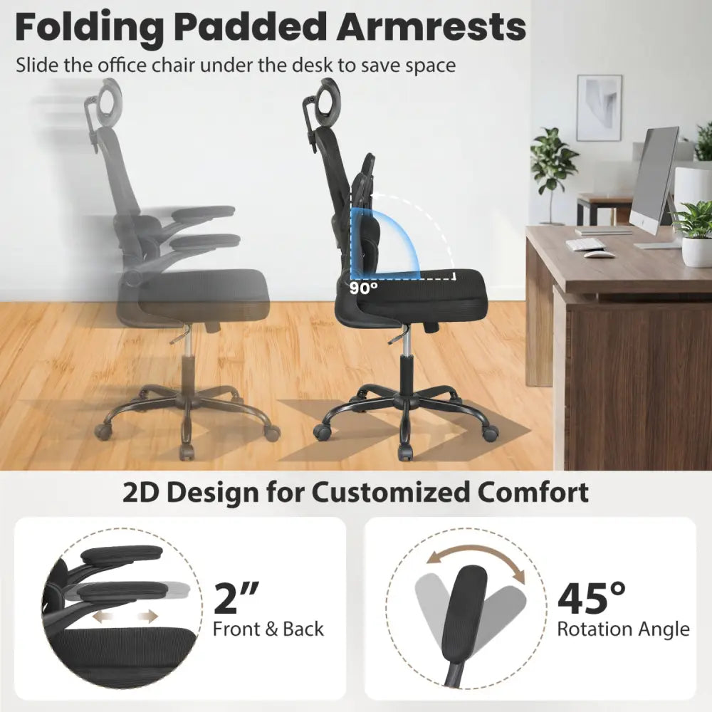 Mesh Office Chair with Adaptive Lumbar Support Flip-up Armrests Reclining Backrest-Black - Black - Ergonomic Chairs