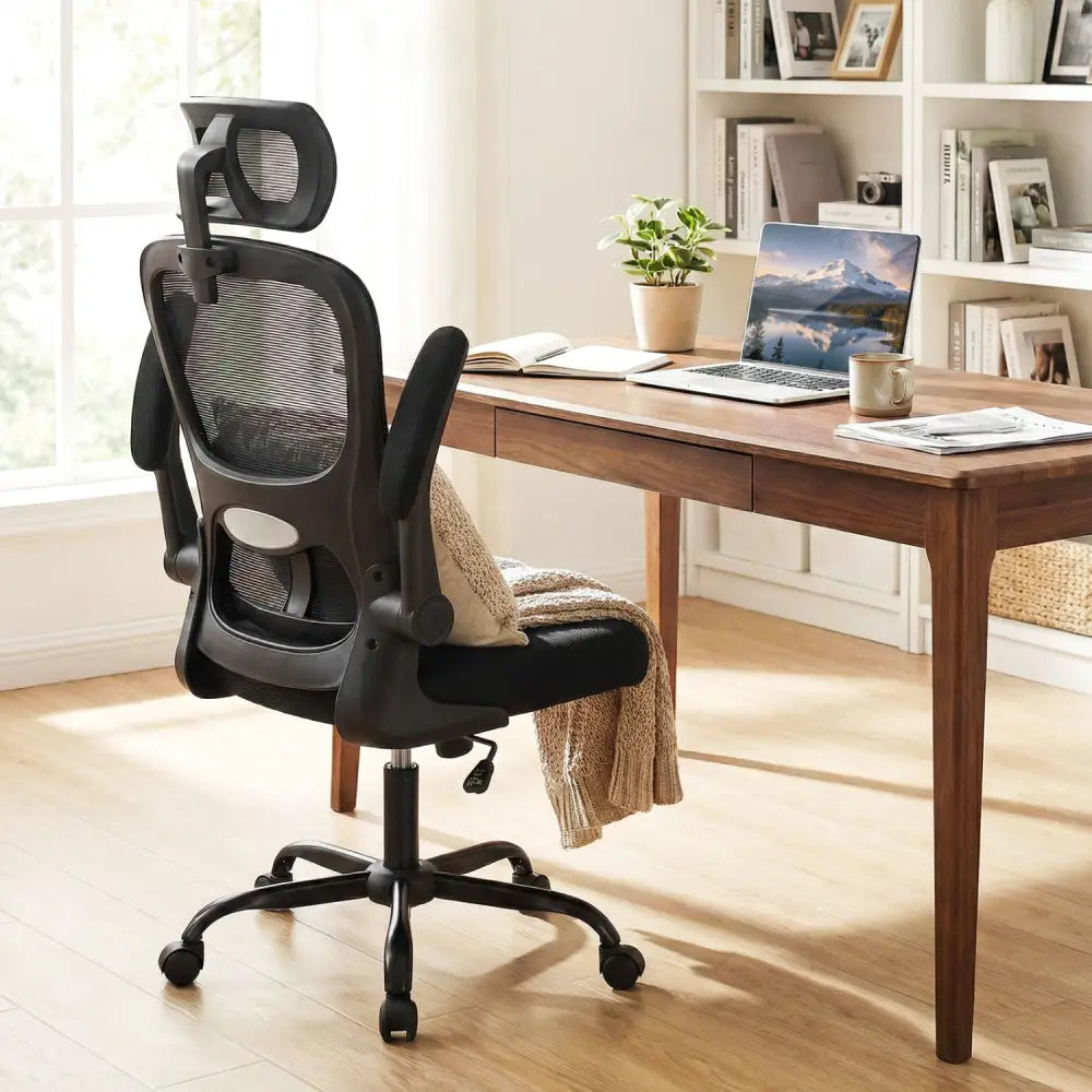 Mesh Office Chair with Adaptive Lumbar Support Flip-up Armrests Reclining Backrest-Black - Black - Ergonomic Chairs