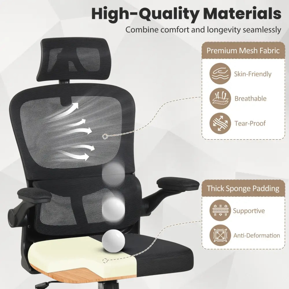 Mesh Office Chair with Adaptive Lumbar Support Flip-up Armrests Reclining Backrest-Black - Black - Ergonomic Chairs
