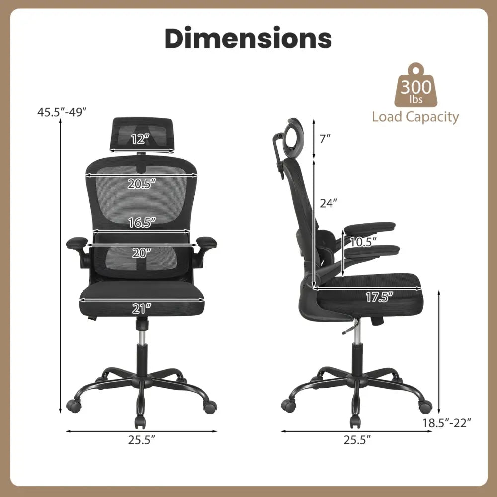 Mesh Office Chair with Adaptive Lumbar Support Flip-up Armrests Reclining Backrest-Black - Black - Ergonomic Chairs