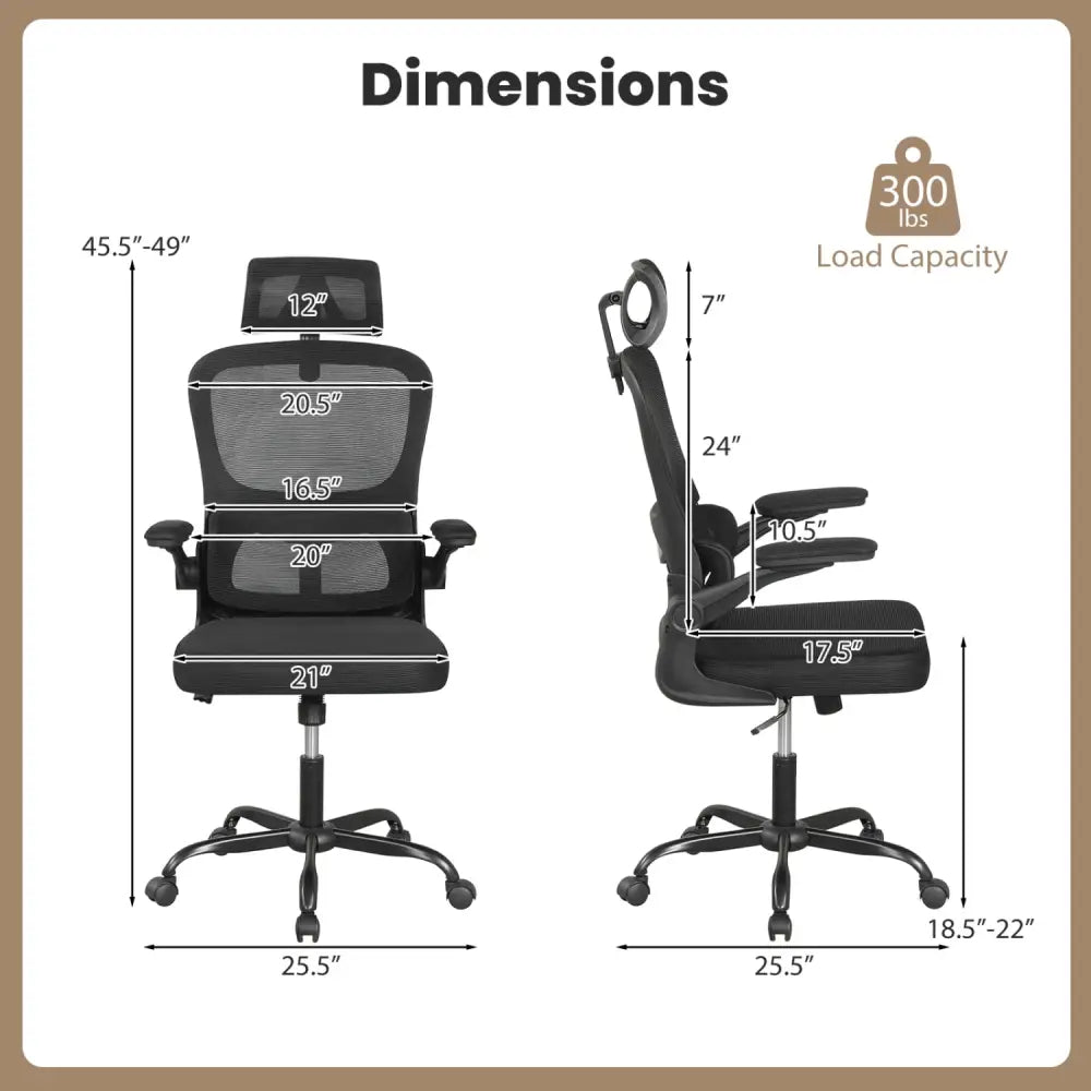 Mesh Office Chair with Adaptive Lumbar Support Flip-up Armrests Reclining Backrest-Black - Black - Ergonomic Chairs