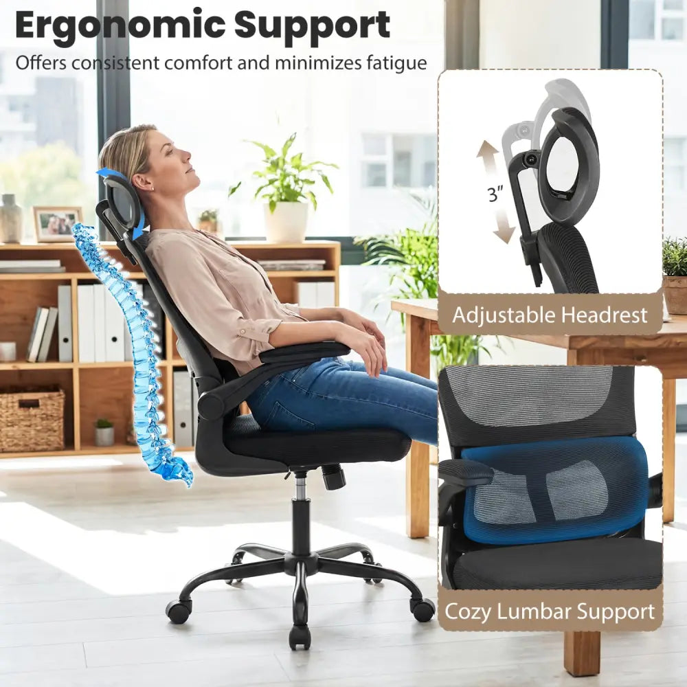 Mesh Office Chair with Adaptive Lumbar Support Flip-up Armrests Reclining Backrest-Black - Black - Ergonomic Chairs