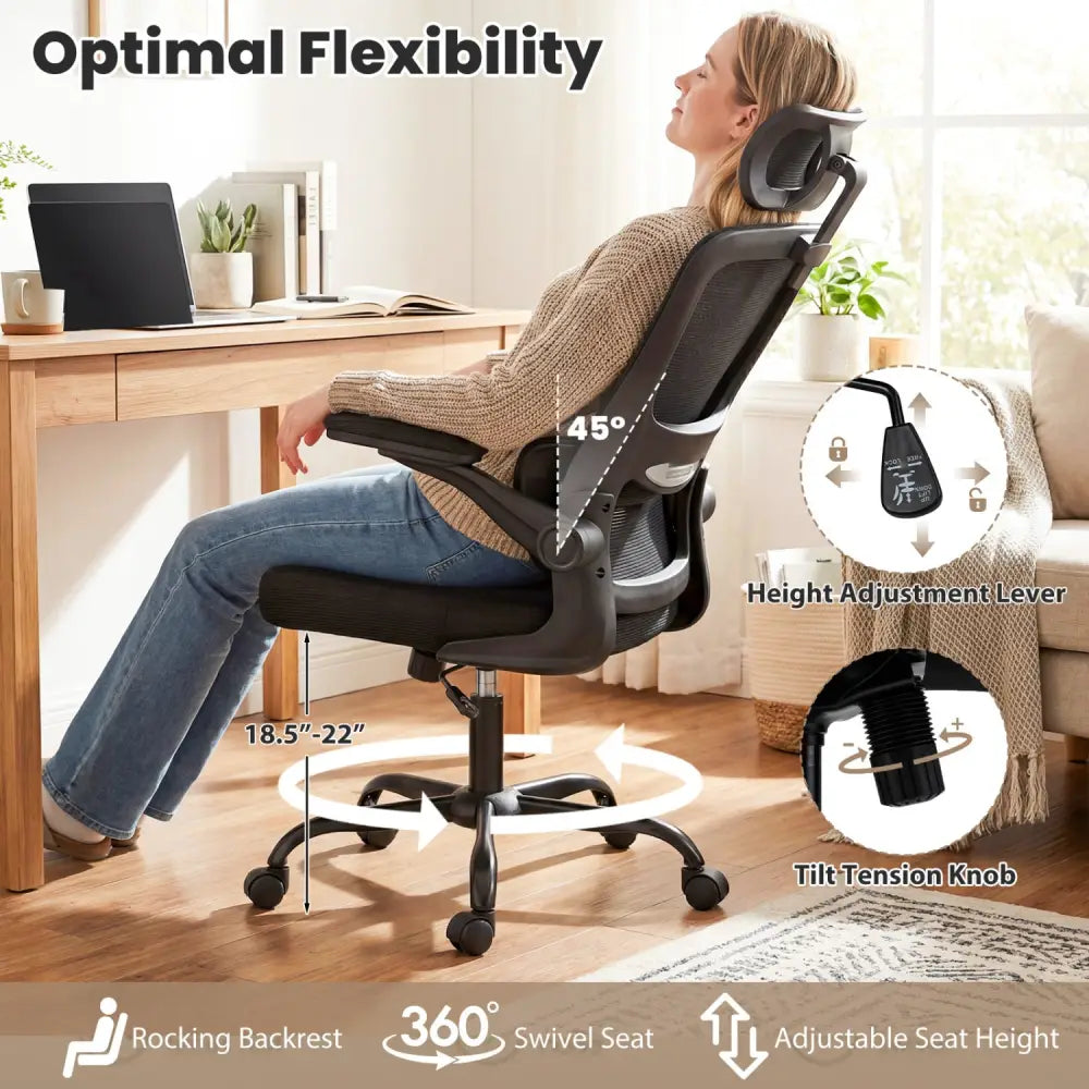 Mesh Office Chair with Adaptive Lumbar Support Flip-up Armrests Reclining Backrest-Black - Black - Ergonomic Chairs