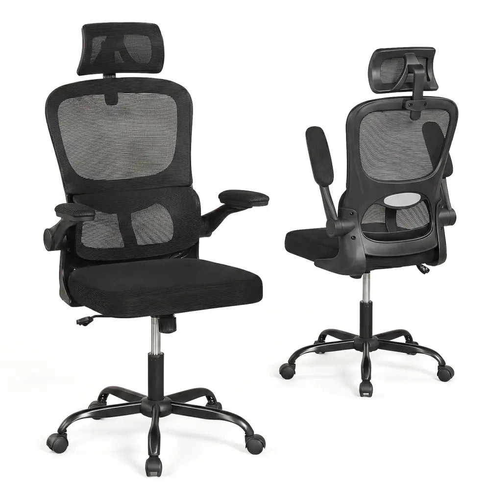 Mesh Office Chair with Adaptive Lumbar Support Flip-up Armrests Reclining Backrest-Black - Black - Ergonomic Chairs