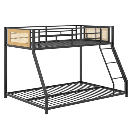 Metal Bunk Bed Twin Over Full with Full Length Safety Guardrail and Ramp Ladder-Black - Black - Toddler Beds