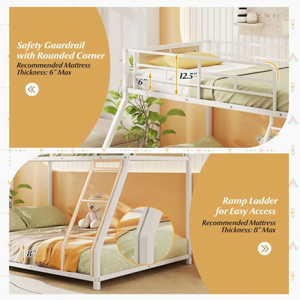 Metal Bunk Bed Twin Over Full with Full Length Safety Guardrail and Ramp Ladder-White - White - Toddler Beds