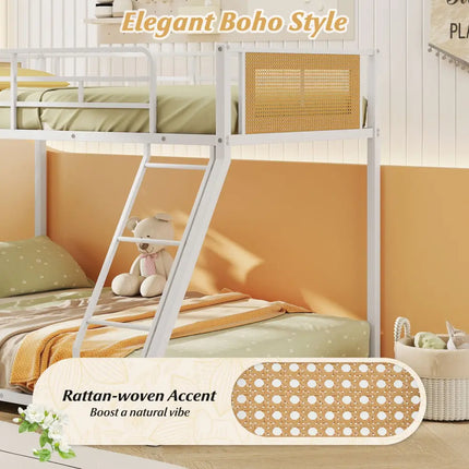 Metal Bunk Bed Twin Over Full with Full Length Safety Guardrail and Ramp Ladder-White - White - Toddler Beds