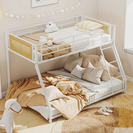 Metal Bunk Bed Twin Over Full with Full Length Safety Guardrail and Ramp Ladder-White - White - Toddler Beds