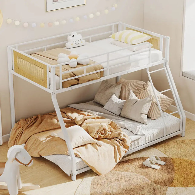 Metal Bunk Bed Twin Over Full with Full Length Safety Guardrail and Ramp Ladder-White - White - Toddler Beds