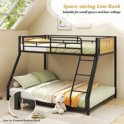 Metal Bunk Bed Twin Over Full with Full Length Safety Guardrail and Ramp Ladder-Black - Black - Toddler Beds