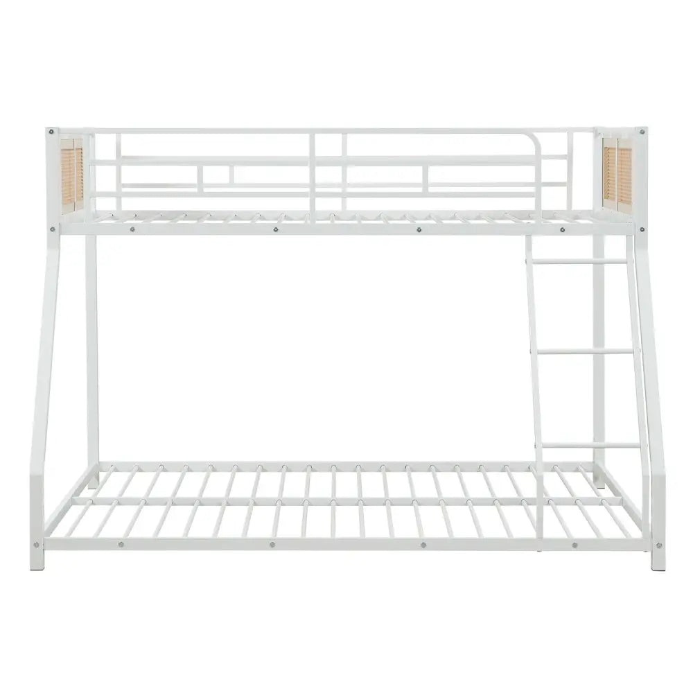 Metal Bunk Bed Twin Over Full with Full Length Safety Guardrail and Ramp Ladder-White - White - Toddler Beds