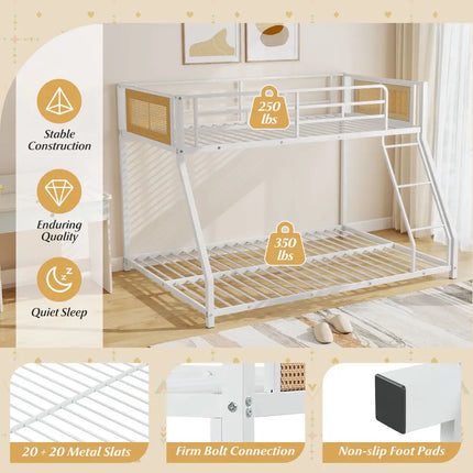 Metal Bunk Bed Twin Over Full with Full Length Safety Guardrail and Ramp Ladder-White - White - Toddler Beds
