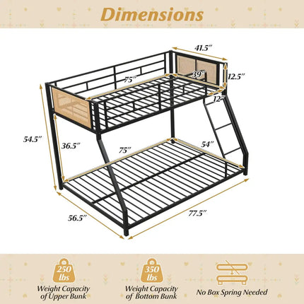 Metal Bunk Bed Twin Over Full with Full Length Safety Guardrail and Ramp Ladder-Black - Black - Toddler Beds