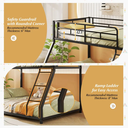 Metal Bunk Bed Twin Over Full with Full Length Safety Guardrail and Ramp Ladder-Black - Black - Toddler Beds