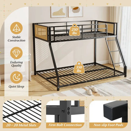 Metal Bunk Bed Twin Over Full with Full Length Safety Guardrail and Ramp Ladder-Black - Black - Toddler Beds