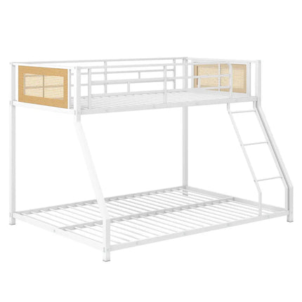 Metal Bunk Bed Twin Over Full with Full Length Safety Guardrail and Ramp Ladder-White - White - Toddler Beds