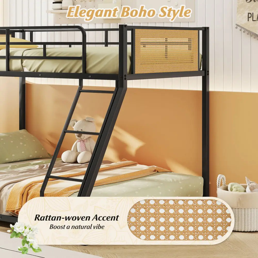 Metal Bunk Bed Twin Over Full with Full Length Safety Guardrail and Ramp Ladder-Black - Black - Toddler Beds