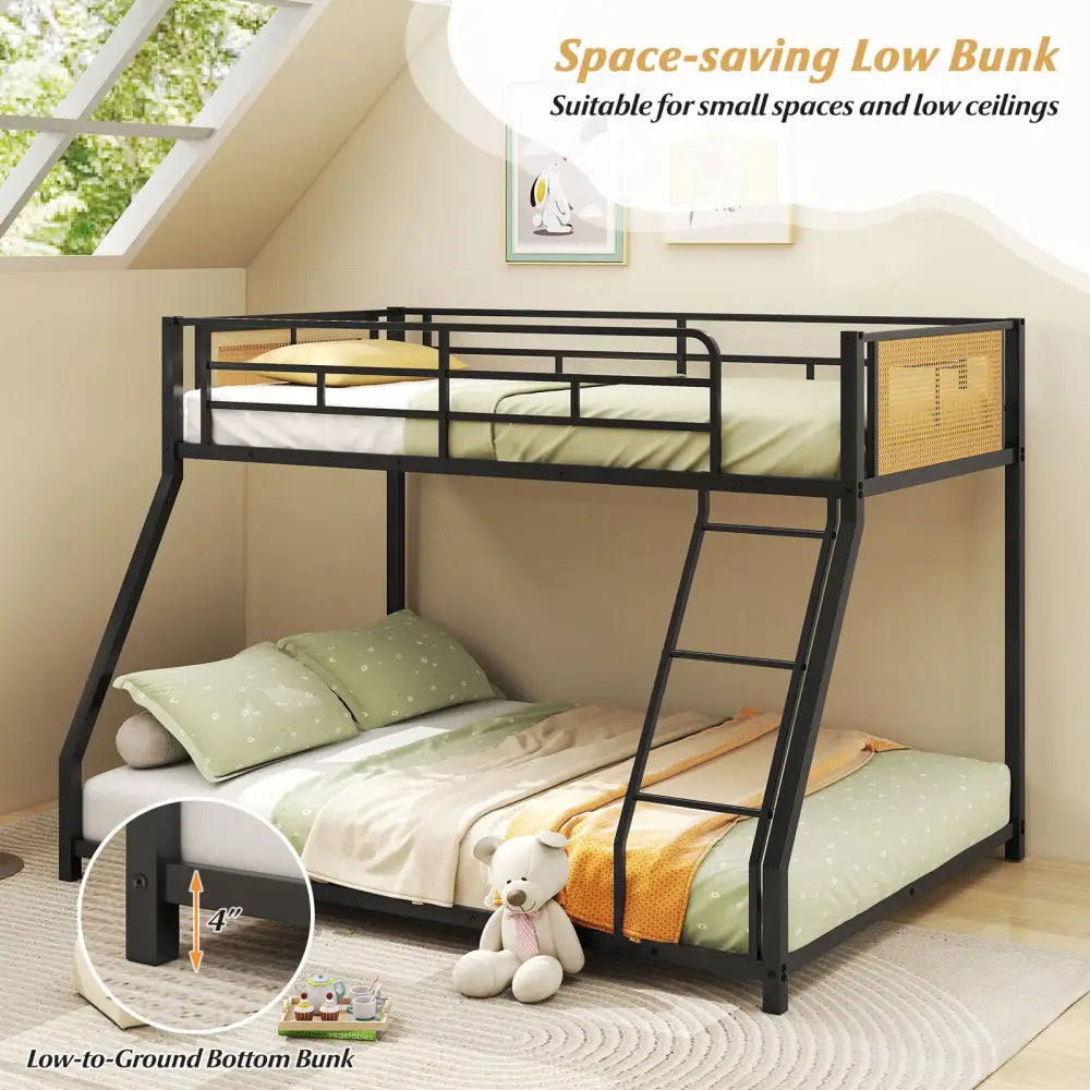 Metal Bunk Bed Twin Over Full with Full Length Safety Guardrail and Ramp Ladder-Black - Black - Toddler Beds