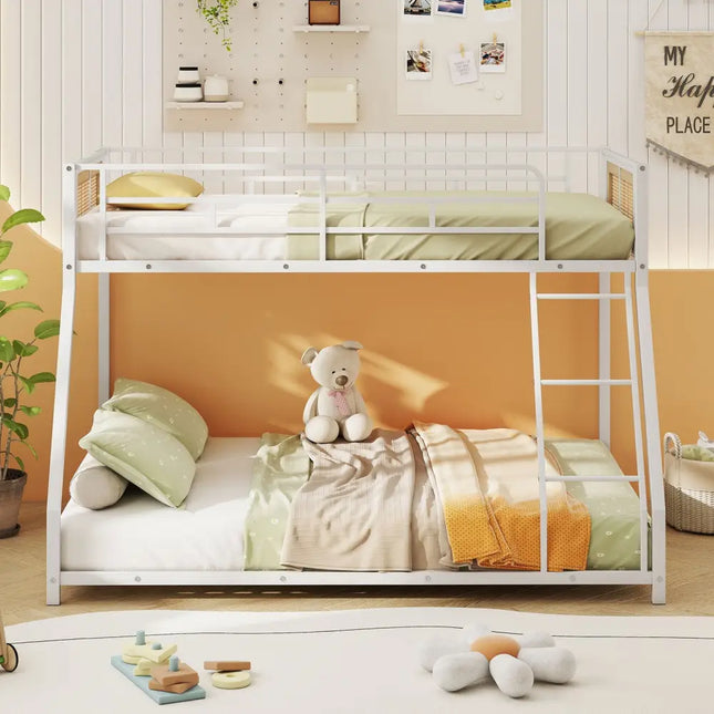 Metal Bunk Bed Twin Over Full with Full Length Safety Guardrail and Ramp Ladder-White - White - Toddler Beds
