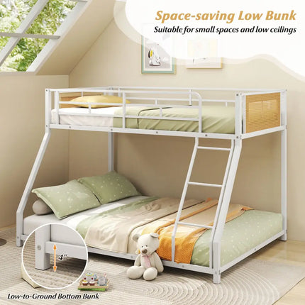Metal Bunk Bed Twin Over Full with Full Length Safety Guardrail and Ramp Ladder-White - White - Toddler Beds