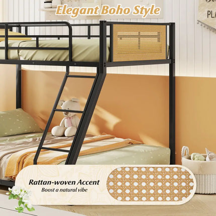 Metal Bunk Bed Twin Over Full with Full Length Safety Guardrail and Ramp Ladder-Black - Black - Toddler Beds