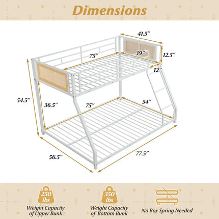 Metal Bunk Bed Twin Over Full with Full Length Safety Guardrail and Ramp Ladder-White - White - Toddler Beds