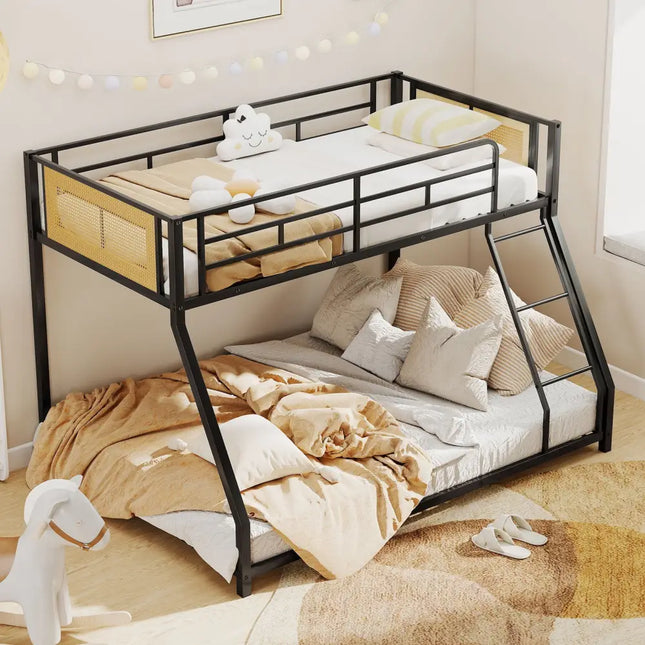 Metal Bunk Bed Twin Over Full with Full Length Safety Guardrail and Ramp Ladder-Black - Black - Toddler Beds