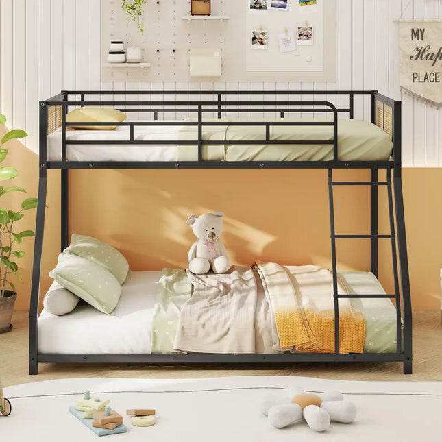 Metal Bunk Bed Twin Over Full with Full Length Safety Guardrail and Ramp Ladder-Black - Black - Toddler Beds