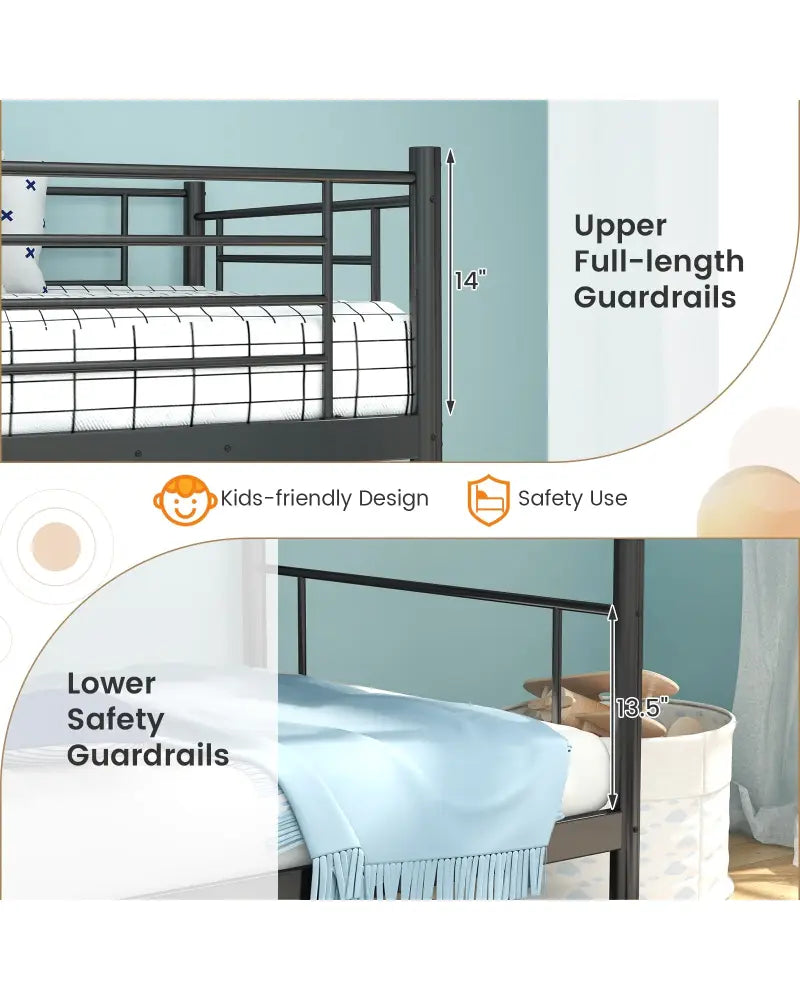 Metal Bunk Bed with Ladder and Full-length Guardrails-Black - Black - Bunk Bed Frame