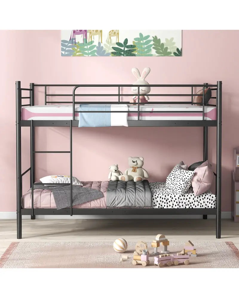 Metal Bunk Bed with Ladder and Full-length Guardrails-Black - Black - Bunk Bed Frame