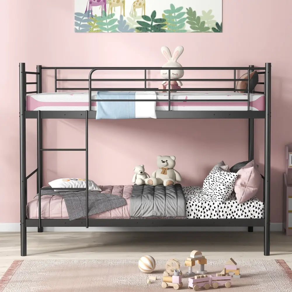 Metal Bunk Bed with Ladder and Full-length Guardrails-Black - Black - Bunk Bed Frame