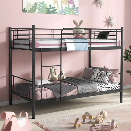 Metal Bunk Bed with Ladder and Full-length Guardrails-Black - Black - Bunk Bed Frame