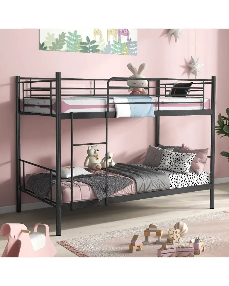 Metal Bunk Bed with Ladder and Full-length Guardrails-Black - Black - Bunk Bed Frame
