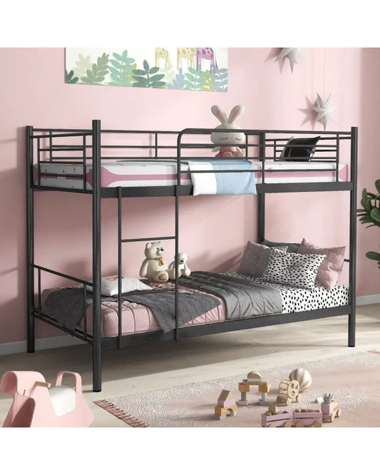 Metal Bunk Bed with Ladder and Full-length Guardrails-Black - Black - Bunk Bed Frame