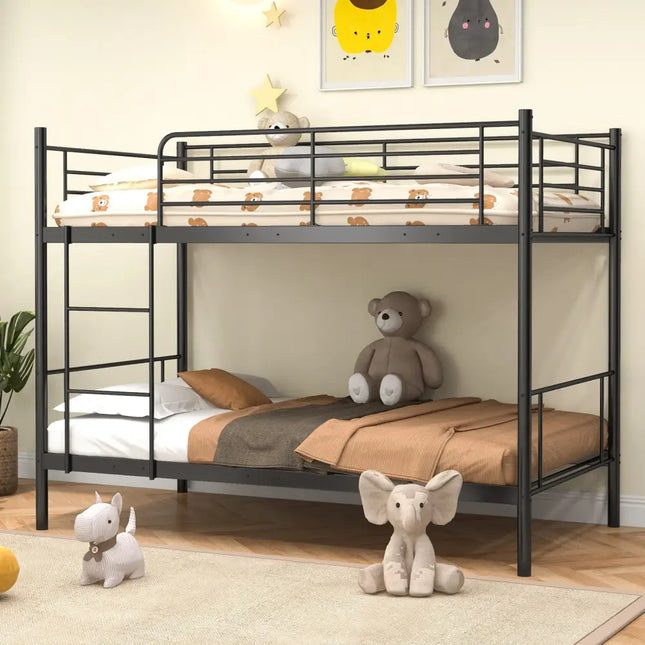 Metal Bunk Bed with Ladder and Full-length Guardrails-Black - Black - Bunk Bed Frame