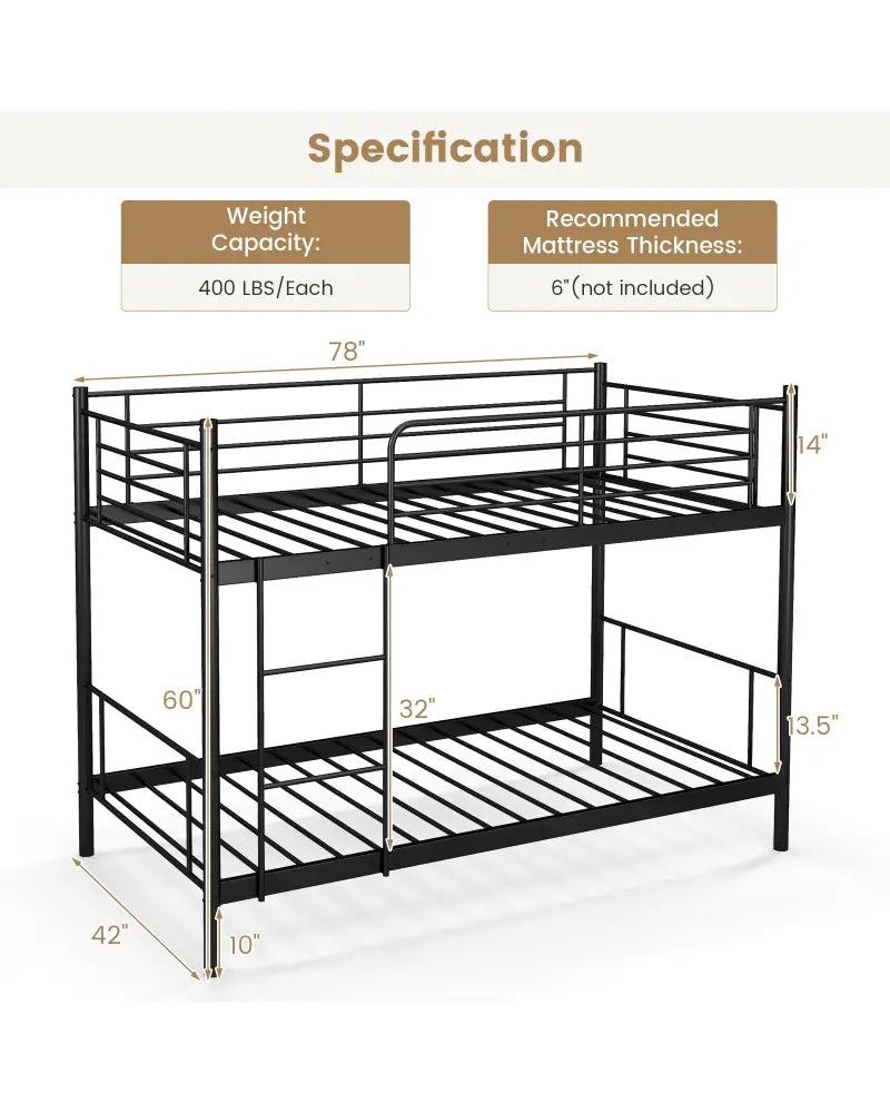 Metal Bunk Bed with Ladder and Full-length Guardrails-Black - Black - Bunk Bed Frame