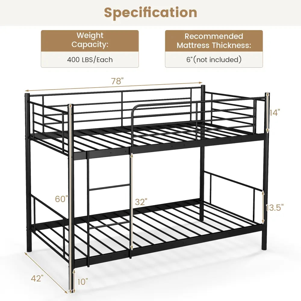 Metal Bunk Bed with Ladder and Full-length Guardrails-Black - Black - Bunk Bed Frame