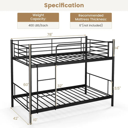 Metal Bunk Bed with Ladder and Full-length Guardrails-Black - Black - Bunk Bed Frame