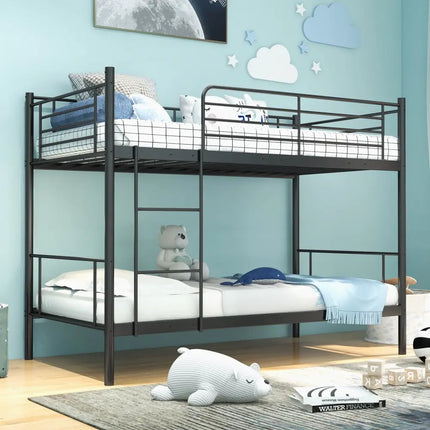Metal Bunk Bed with Ladder and Full-length Guardrails-Black - Black - Bunk Bed Frame