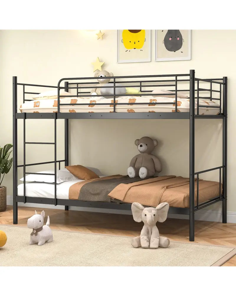 Metal Bunk Bed with Ladder and Full-length Guardrails-Black - Black - Bunk Bed Frame