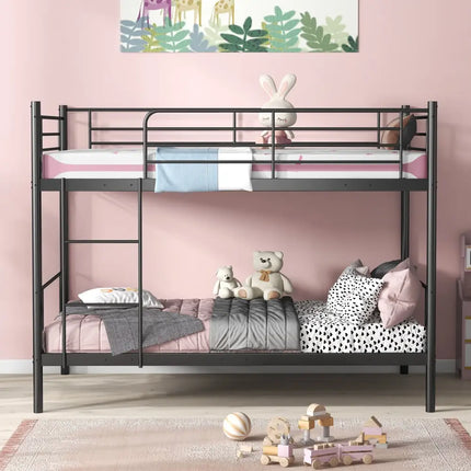 Metal Bunk Bed with Ladder and Full-length Guardrails-Black - Black - Bunk Bed Frame