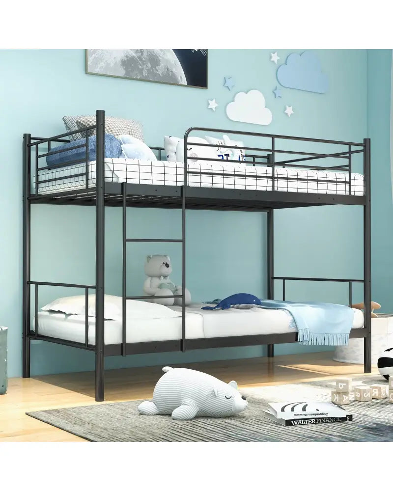Metal Bunk Bed with Ladder and Full-length Guardrails-Black - Black - Bunk Bed Frame