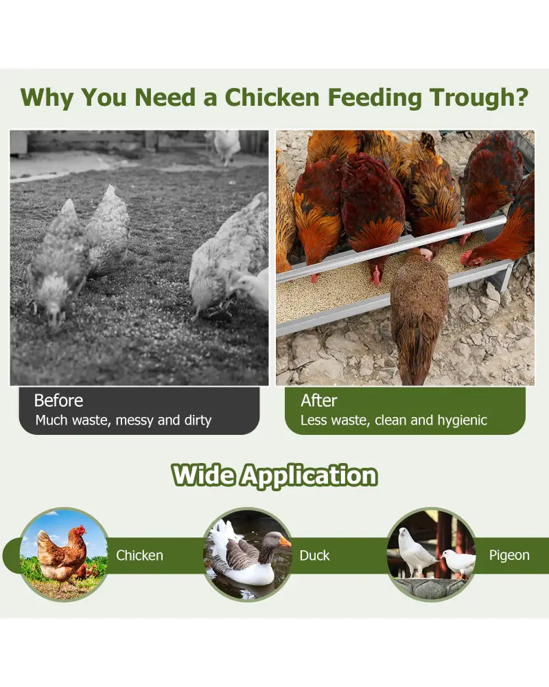 Metal Chicken Feeder Chicken Feeding Trough with Drainage Holes-Silver - Silver - Chicken Coops