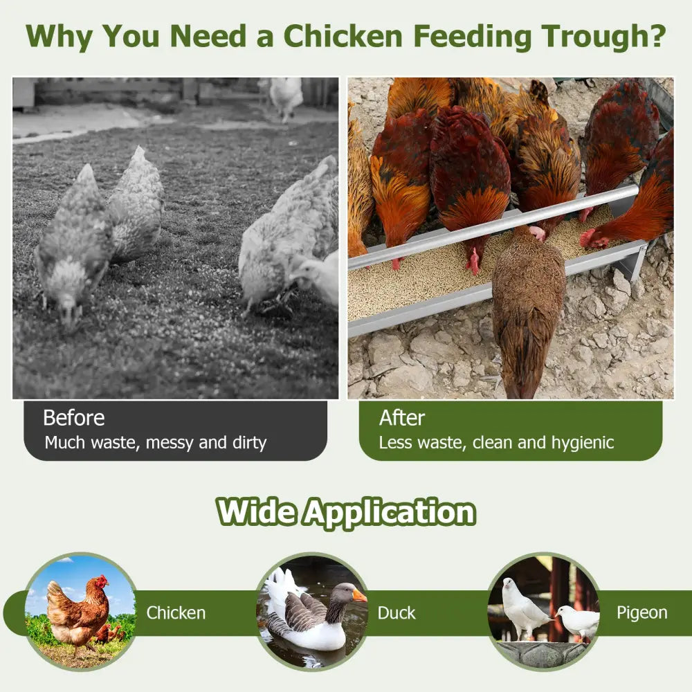 Metal Chicken Feeder Chicken Feeding Trough with Drainage Holes-Silver - Silver - Chicken Coops
